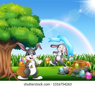 Happy easter bunnies on the nature park