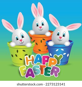 happy easter bunnies, bunnies with pink ears in a flower pot. heppy easter greeting card