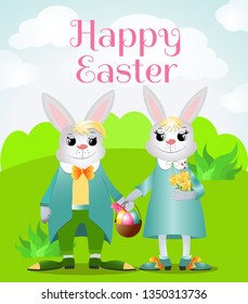 Happy Easter bunnies stand on a green field. Rabbits are smiling and holding a basket of decorative eggs. Vector illustration for easter cards, pictures and design.