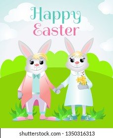 Happy Easter bunnies stand on a green field. Rabbits are smiling. Vector illustration for easter cards, pictures and design.