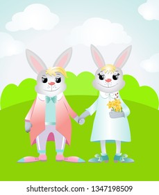 A happy Easter bunnies is standing on a green field and smiling. Vector illustration for easter cards and greetings. Rabbits dressed in a jacket  and pants.