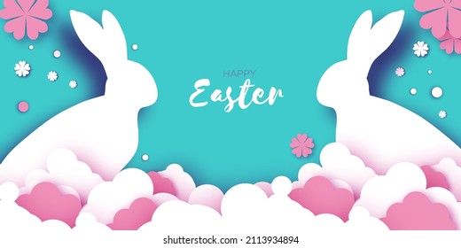 Happy Easter Bunny. 3D Podium scene or pedestal on pink bg with paper cut rabbit , cloud and flower. Trendy Easter design. Modern paper cut style. Spring time. Poster, greetingscard, header for web.