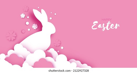 Happy Easter Bunny. 3D Podium scene or pedestal on pink bg with paper cut rabbit , cloud and flower. Trendy Easter design. Modern paper cut style. Spring time. Poster, greetingscard, header for web.