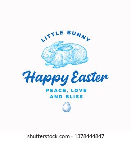 Happy Easter Bunny Abstract Vector Sign, Symbol or Logo Template. Hand Drawn Engraving Style Rabbit Sillhouette Sketch with Classy Retro Typography. Vintage Emblem. Isolated.