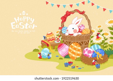 Happy Easter bunny background. Cute rabbit hiding in a basket and mini fairies painting eggs in beautiful garden.