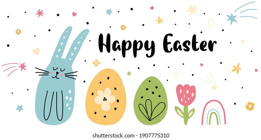 Feliz banner de conejo de Pascua Flores de primavera huevos de conejo arco iris bebé. Cuta caricatura de los niños de Pascua.