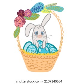 Happy Easter, bunny in a basket with eggs and flowers, vector