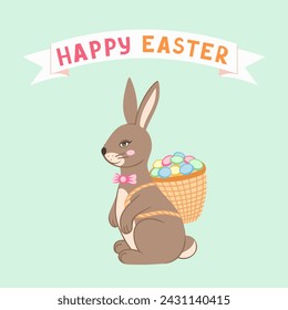 Happy Easter, bunny with basket and eggs. Vector Illustration for printing, backgrounds, covers and packaging. Image can be used for greeting cards, posters and stickers. Isolated on white background.