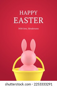 Happy Easter bunny bauble in basket holiday celebrate 3d greeting card design template realistic vector illustration. Rabbit toy festive surprise congratulations postcard animal character decor