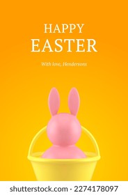 Happy Easter bunny bauble in basket holiday celebrate 3d greeting card design template realistic vector illustration. Rabbit toy festive surprise congratulations postcard animal character decor