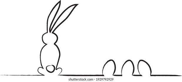 Happy Easter - Easter bunny from behind as a silhouette with three Easter eggs 