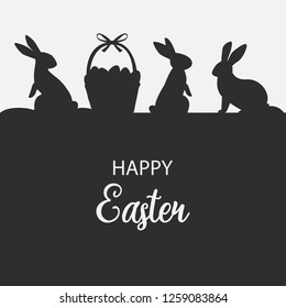 Happy Easter. Easter bunny black silhouettes isolated on white. Easter greeting card. Vector