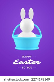 Happy Easter bunny blue basket 3d greeting card design template realistic vector illustration. Rabbit hare bauble religious holiday traditional animal character toy gift Christianity congratulations