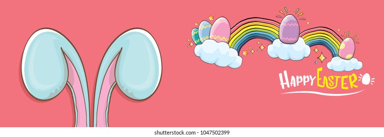 happy easter bunny with calligraphic text, clouds , rainbow and color easter eggs isolated on pink horizontal banner background. vector easter greeting card with blue rabbits ears. Design elements set