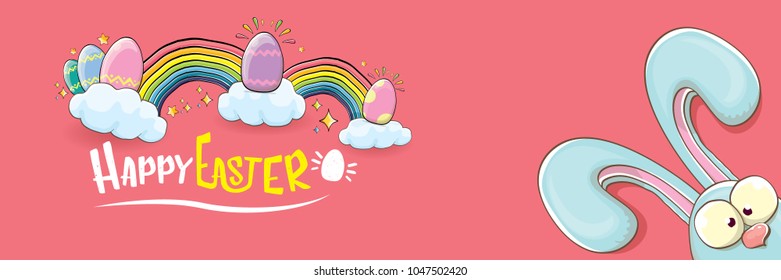 happy easter bunny with calligraphic text, clouds , rainbow and color easter eggs isolated on pink horizontal banner background. vector easter greeting card with blue rabbits ears. Design elements set