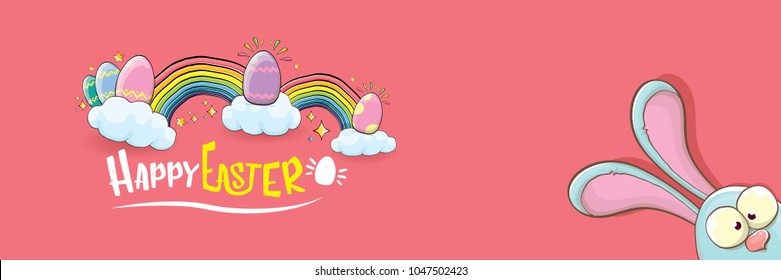 happy easter bunny with calligraphic text, clouds , rainbow and color easter eggs isolated on pink horizontal banner background. vector easter greeting card with blue rabbits ears. Design elements set
