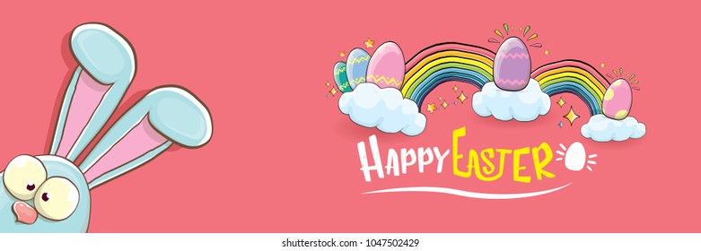 happy easter bunny with calligraphic text, clouds , rainbow and color easter eggs isolated on pink horizontal banner background. vector easter greeting card with blue rabbits ears. Design elements set