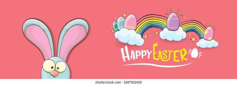 happy easter bunny with calligraphic text, clouds , rainbow and color easter eggs isolated on pink horizontal banner background. vector easter greeting card with blue rabbits ears. Design elements set