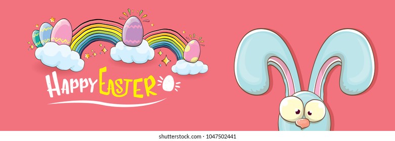 happy easter bunny with calligraphic text, clouds , rainbow and color easter eggs isolated on pink horizontal banner background. vector easter greeting card with blue rabbits ears. Design elements set