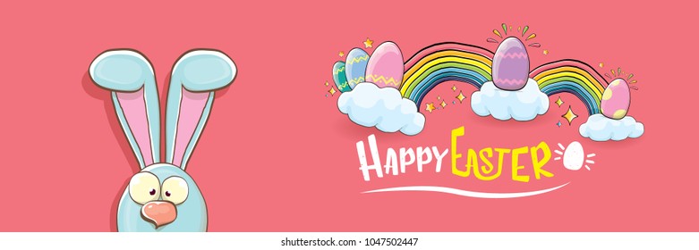 happy easter bunny with calligraphic text, clouds , rainbow and color easter eggs isolated on pink horizontal banner background. vector easter greeting card with blue rabbits ears. Design elements set