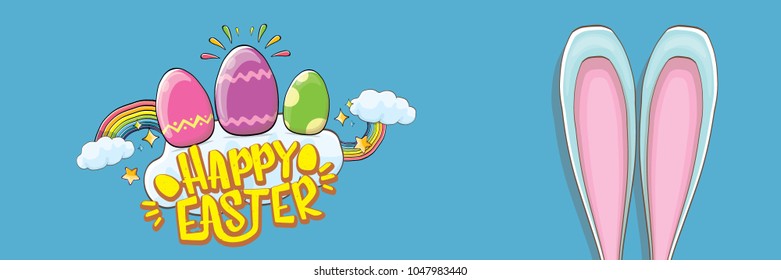 happy easter bunny with calligraphic text, clouds , rainbow and color easter eggs isolated on blue horizontal banner background. vector easter greeting card with blue rabbits ears. Design elements set