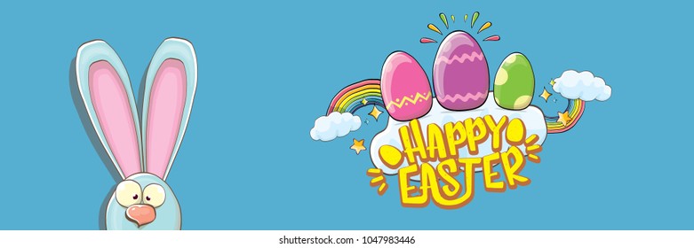 happy easter bunny with calligraphic text, clouds , rainbow and color easter eggs isolated on blue horizontal banner background. vector easter greeting card with blue rabbits ears. Design elements set