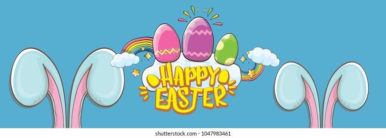happy easter bunny with calligraphic text, clouds , rainbow and color easter eggs isolated on blue horizontal banner background. vector easter greeting card with blue rabbits ears. Design elements set