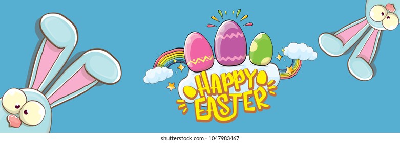 happy easter bunny with calligraphic text, clouds , rainbow and color easter eggs isolated on blue horizontal banner background. vector easter greeting card with blue rabbits ears. Design elements set