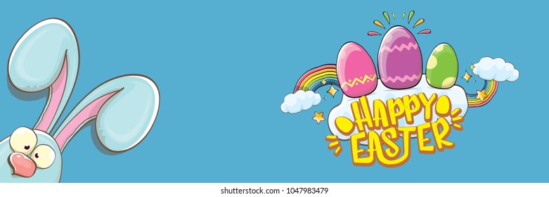 happy easter bunny with calligraphic text, clouds , rainbow and color easter eggs isolated on blue horizontal banner background. vector easter greeting card with blue rabbits ears. Design elements set