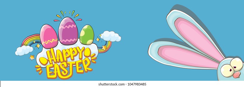 happy easter bunny with calligraphic text, clouds , rainbow and color easter eggs isolated on blue horizontal banner background. vector easter greeting card with blue rabbits ears. Design elements set