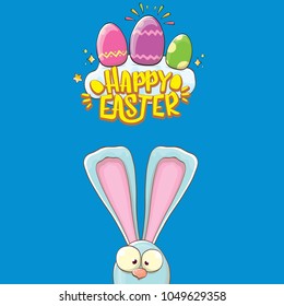 happy easter bunny with calligraphic text, clouds , rainbow and color easter eggs isolated on blue background. vector easter greeting card with blue rabbits ears. Design elements set