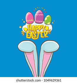 happy easter bunny with calligraphic text, clouds , rainbow and color easter eggs isolated on blue background. vector easter greeting card with blue rabbits ears. Design elements set