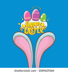 happy easter bunny with calligraphic text, clouds , rainbow and color easter eggs isolated on blue background. vector easter greeting card with blue rabbits ears. Design elements set