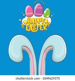 happy easter bunny with calligraphic text, clouds , rainbow and color easter eggs isolated on blue background. vector easter greeting card with blue rabbits ears. Design elements set