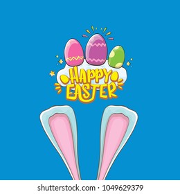 happy easter bunny with calligraphic text, clouds , rainbow and color easter eggs isolated on blue background. vector easter greeting card with blue rabbits ears. Design elements set