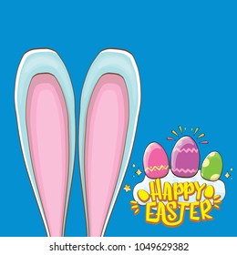 happy easter bunny with calligraphic text, clouds , rainbow and color easter eggs isolated on blue background. vector easter greeting card with blue rabbits ears. Design elements set