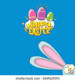 happy easter bunny with calligraphic text, clouds , rainbow and color easter eggs isolated on blue background. vector easter greeting card with blue rabbits ears. Design elements set