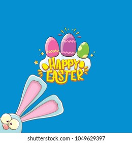 happy easter bunny with calligraphic text, clouds , rainbow and color easter eggs isolated on blue background. vector easter greeting card with blue rabbits ears. Design elements set