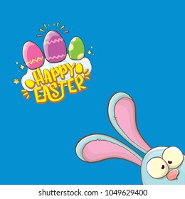 happy easter bunny with calligraphic text, clouds , rainbow and color easter eggs isolated on blue background. vector easter greeting card with blue rabbits ears. Design elements set