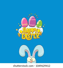 happy easter bunny with calligraphic text, clouds , rainbow and color easter eggs isolated on blue background. vector easter greeting card with blue rabbits ears. Design elements set