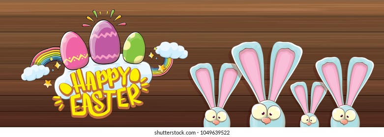 happy easter bunny with calligraphic text, clouds , rainbow and color easter eggs isolated on wood horizontal banner background. vector easter greeting card with blue rabbits ears. Design elements set