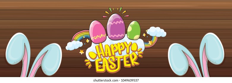 happy easter bunny with calligraphic text, clouds , rainbow and color easter eggs isolated on wood horizontal banner background. vector easter greeting card with blue rabbits ears. Design elements set