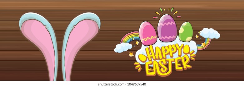 happy easter bunny with calligraphic text, clouds , rainbow and color easter eggs isolated on wood horizontal banner background. vector easter greeting card with blue rabbits ears. Design elements set