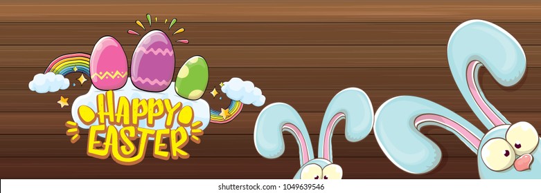 happy easter bunny with calligraphic text, clouds , rainbow and color easter eggs isolated on wood horizontal banner background. vector easter greeting card with blue rabbits ears. Design elements set