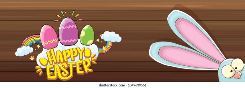 happy easter bunny with calligraphic text, clouds , rainbow and color easter eggs isolated on wood horizontal banner background. vector easter greeting card with blue rabbits ears. Design elements set
