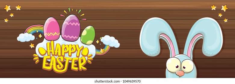 happy easter bunny with calligraphic text, clouds , rainbow and color easter eggs isolated on wood horizontal banner background. vector easter greeting card with blue rabbits ears. Design elements set