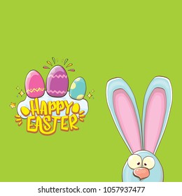 happy easter bunny with calligraphic text, clouds , rainbow and color easter eggs isolated on green background. vector easter greeting card with blue rabbits ears. Design elements set
