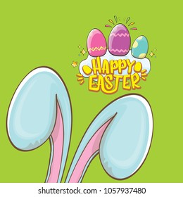 happy easter bunny with calligraphic text, clouds , rainbow and color easter eggs isolated on green background. vector easter greeting card with blue rabbits ears. Design elements set