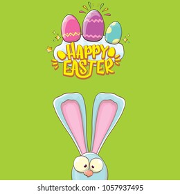 happy easter bunny with calligraphic text, clouds , rainbow and color easter eggs isolated on green background. vector easter greeting card with blue rabbits ears. Design elements set