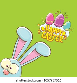 happy easter bunny with calligraphic text, clouds , rainbow and color easter eggs isolated on green background. vector easter greeting card with blue rabbits ears. Design elements set